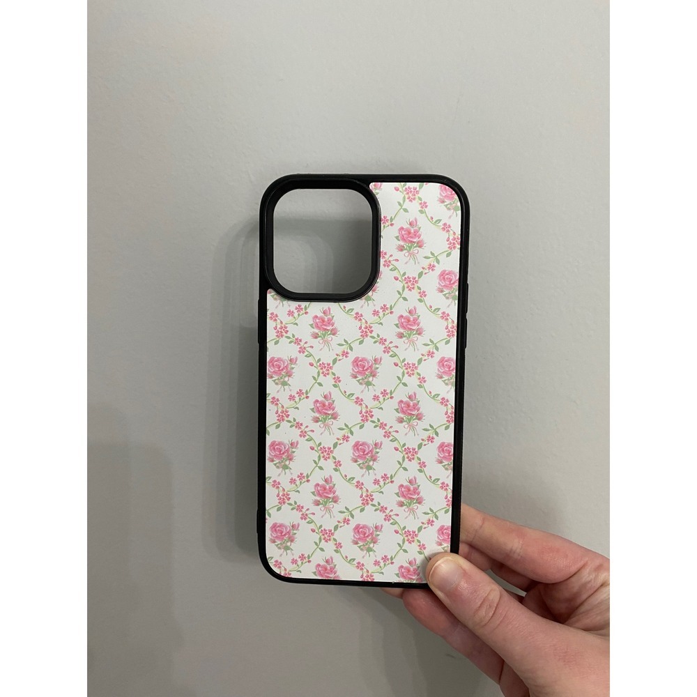 Phone Case Unisex iPhone 14 Pro Max White Pink Floral Rose Trellis Black Bumper